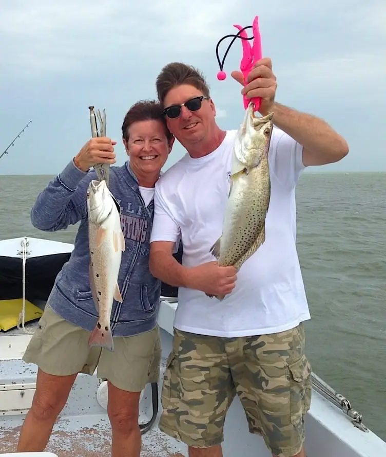 Huge Sea Trout and a nice Redfish caught off Buck Key oyster bar on Sanibel & Captiva charters!