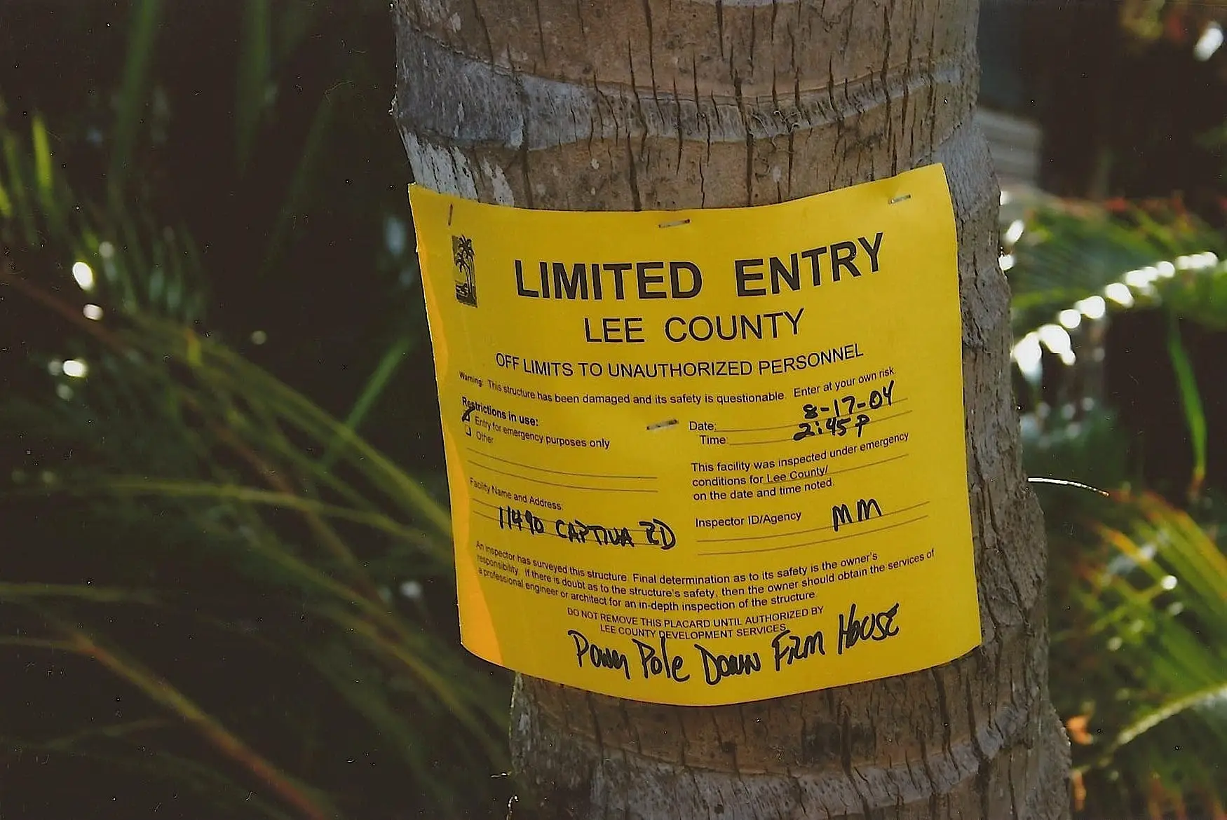 Hurricane Irma ... Hurricane Charley 10 Year Anniversary, 8-13-04, Limited Entry Sign, Captiva Island.